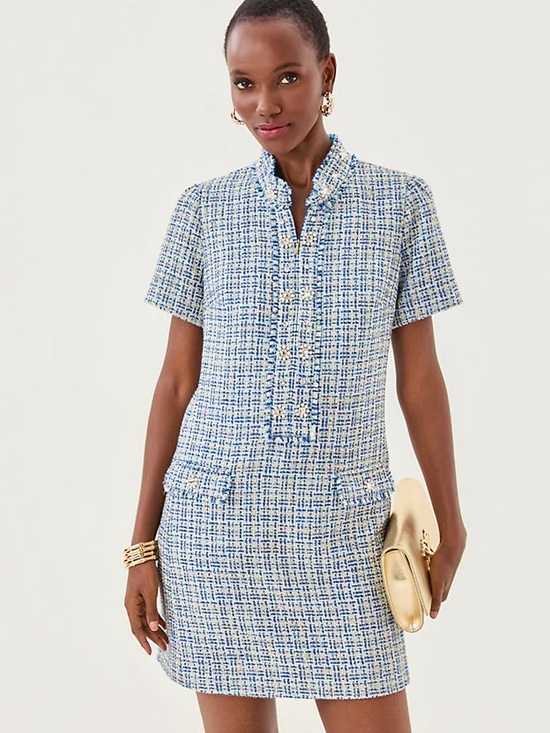 Lilly Pulitzer Dresses & Skirts - Lilly Pulitzer Teddy Boucle Blue & White Tweed Short Sleeve Shift Dress Sz8 NWT